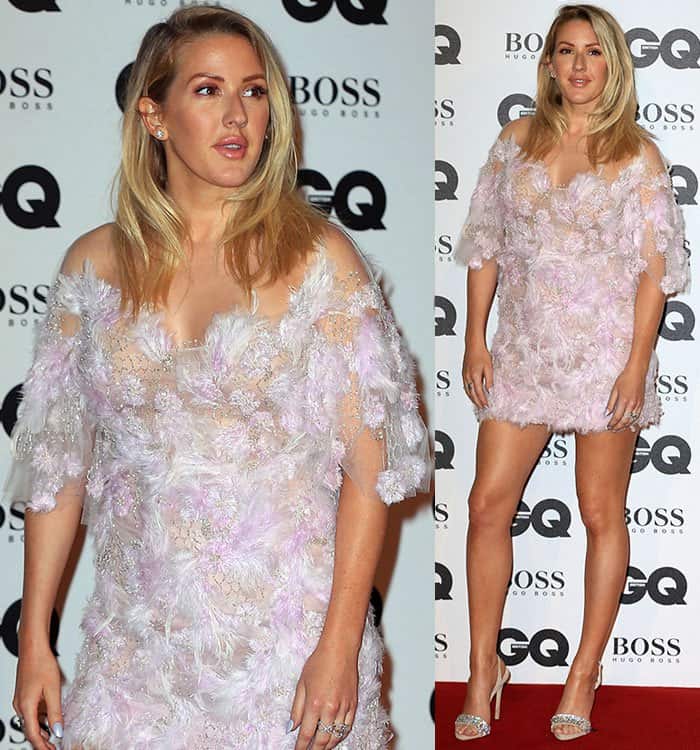 Ellie Goulding glows in her lilac, off-the-shoulder Marchesa dress, featuring delicate feathered embellishments
