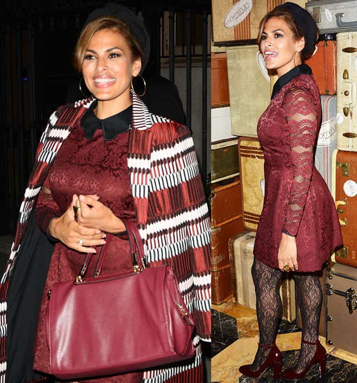 Eva Mendes showcased her new fall collection by donning a burgundy lace dress, accentuating her svelte physique at the New York Company fashion show during New York Fashion Week