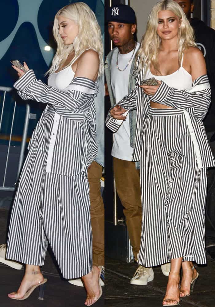 Kylie Jenner donned her personal favorite ensemble from the latest Kendall + Kylie collection, an exquisite pajama-inspired two-piece outfit adorned with striking stripes
