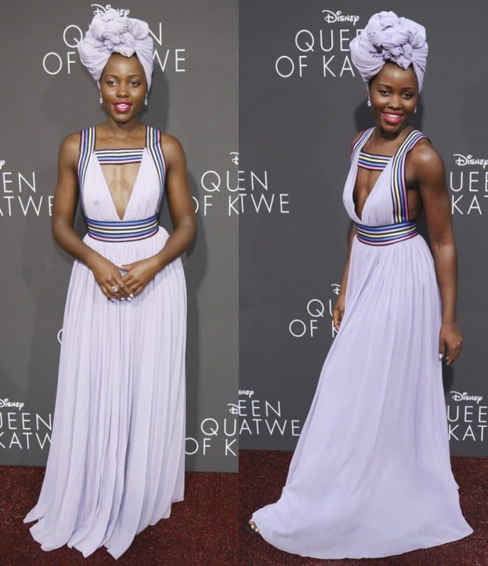 Lupita Nyong'o dazzled in a lavender Elie Saab Resort 2017 gown with multicolored straps and a matching headwrap, subtly revealing her platform peep-toe heels peeking out from beneath the gown's flowing hemline