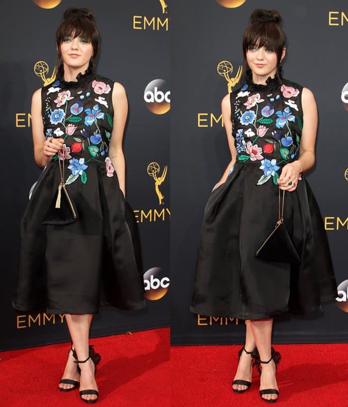 Maisie Williams stuns at the 68th Emmy Awards in a floral-embroidered Markus Lupfer dress, pairing it with black ankle-strap heels and a $39.90 Charles Keith velvet clutch