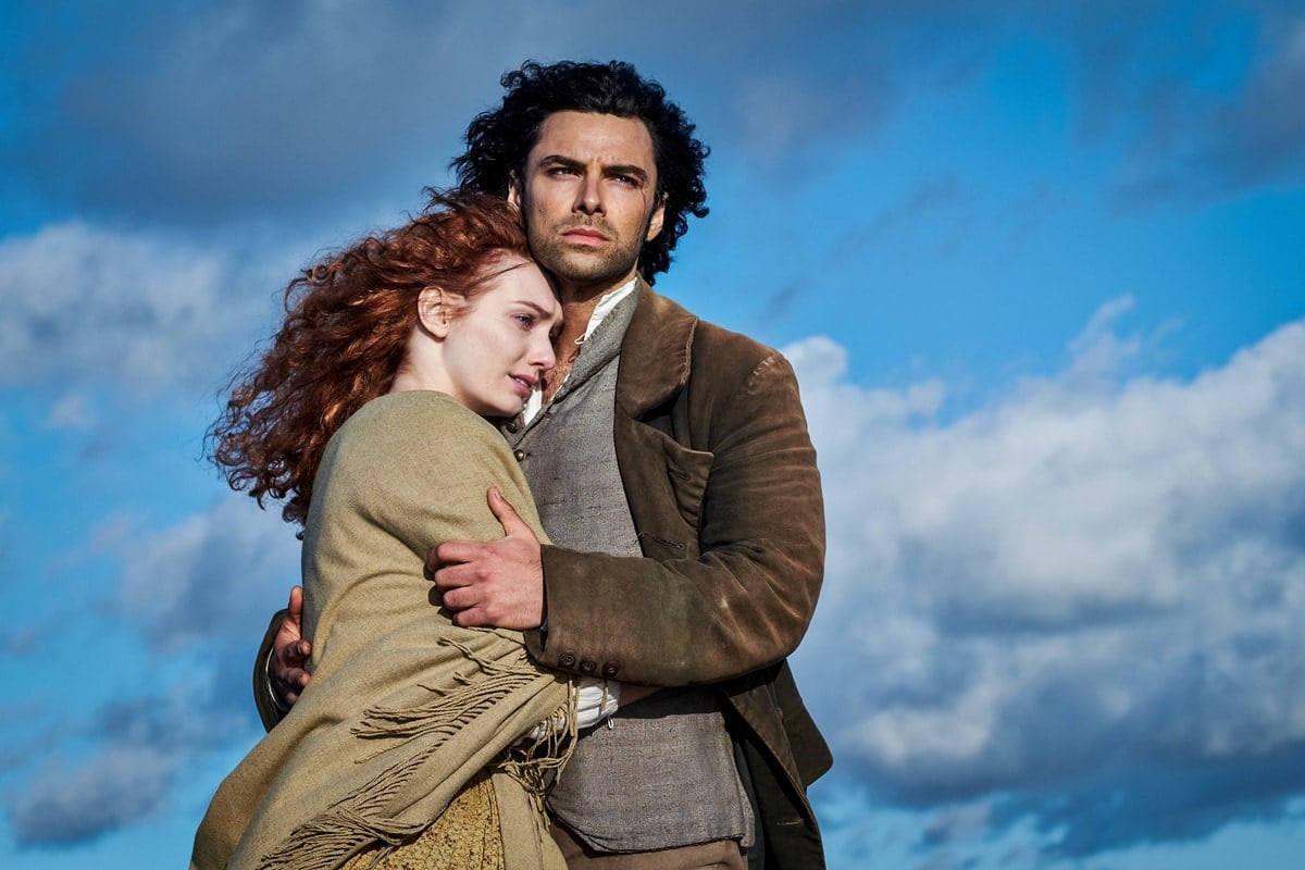 Eleanor Tomlinson and Aidan Turner share an emotional embrace as Demelza and Ross in the sweeping period drama Poldark