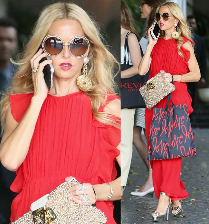 Dressed in a radiant red jumpsuit that boasted a pleated and ruffled bodice, Rachel Zoe was the epitome of glamour at Revlon's Annual Philanthropic Luncheon
