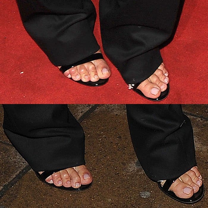 Rosie’s black patent Gianvito Rossi sandals reveal noticeable toe overhang as the night wears on