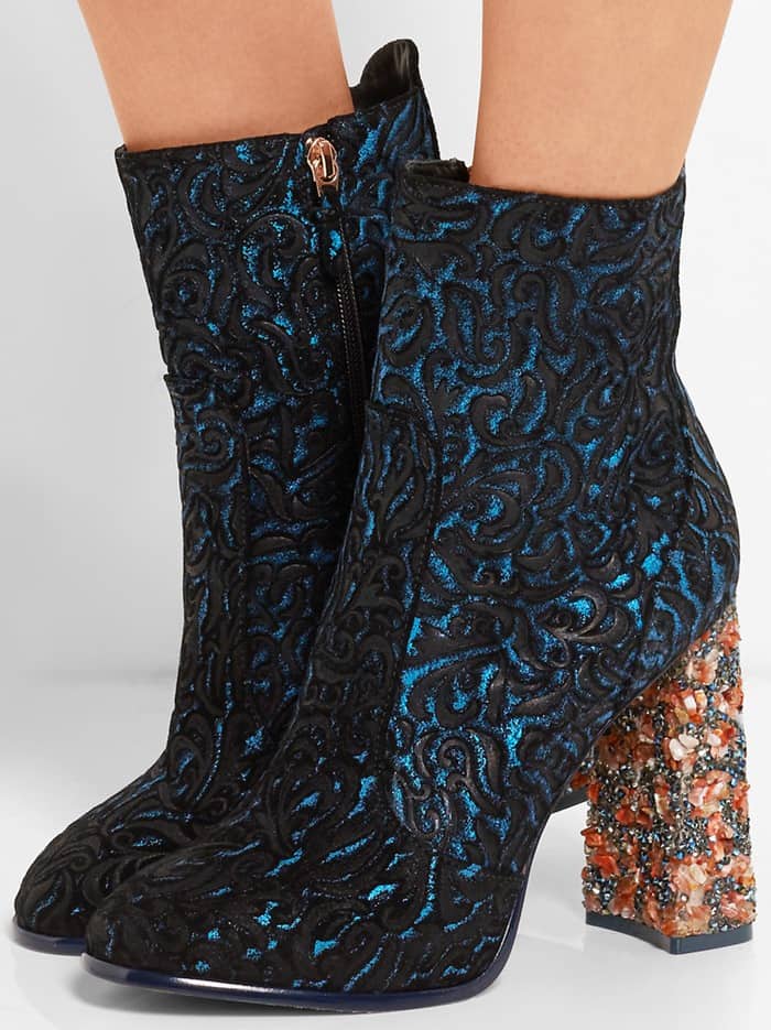 These ankle boots are cut from blue and black suede and leather intricately worked to look like jacquard and finished with a heel encrusted with scores of colorful crystals and resin beads