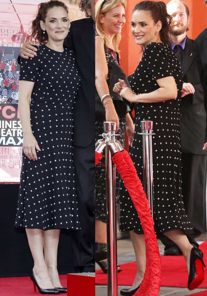 Winona Ryder attends Tim Burton’s hand and footprint ceremony in Los Angeles, wearing a black Givenchy dress with subtle diamond motifs and classic Christian Louboutin “Simple” pumps