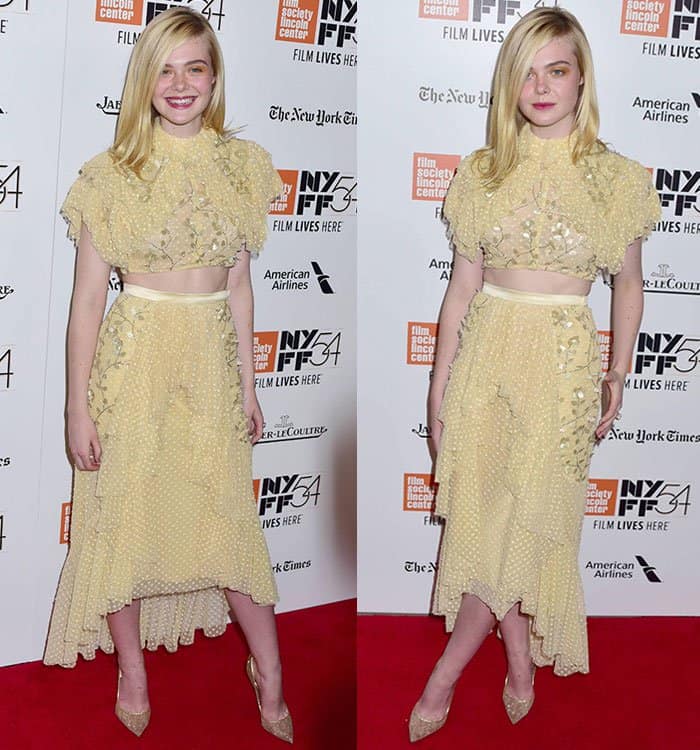 Elle Fanning chose to accessorize minimally, wearing only a Tiffany Co. ring, letting the outfit and her pristine complexion take center stage