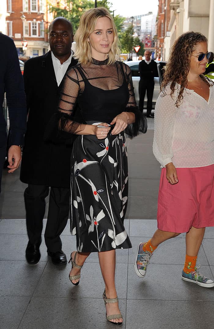 Emily Blunt wearing a floral-patterned midi skirt by Sachin Babi