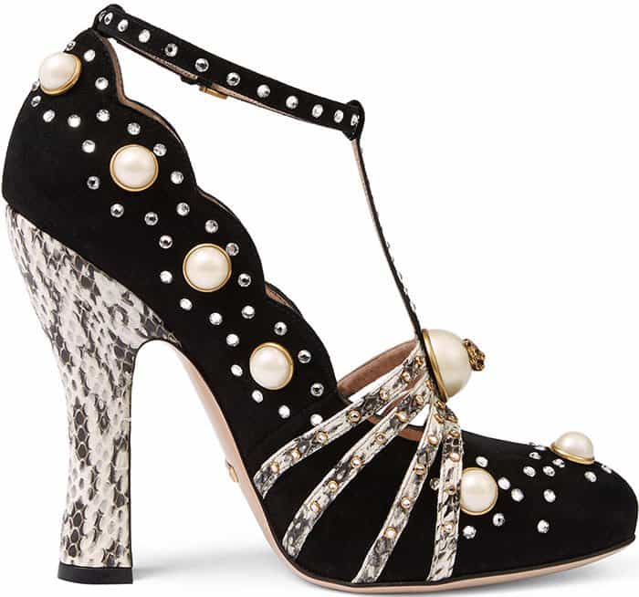 Gucci's black Ofelia pumps are expertly crafted in Italy from velvety suede and adorned with sparkling crystals and faux-pearls