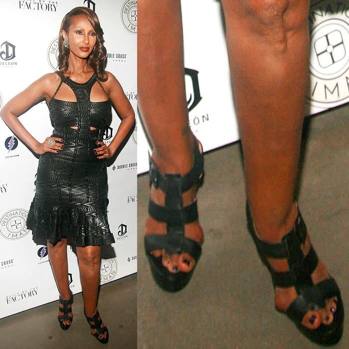 Iman exudes elegance in black leather heels, though visible bunions highlight the impact of fashionable yet narrow footwear on foot health