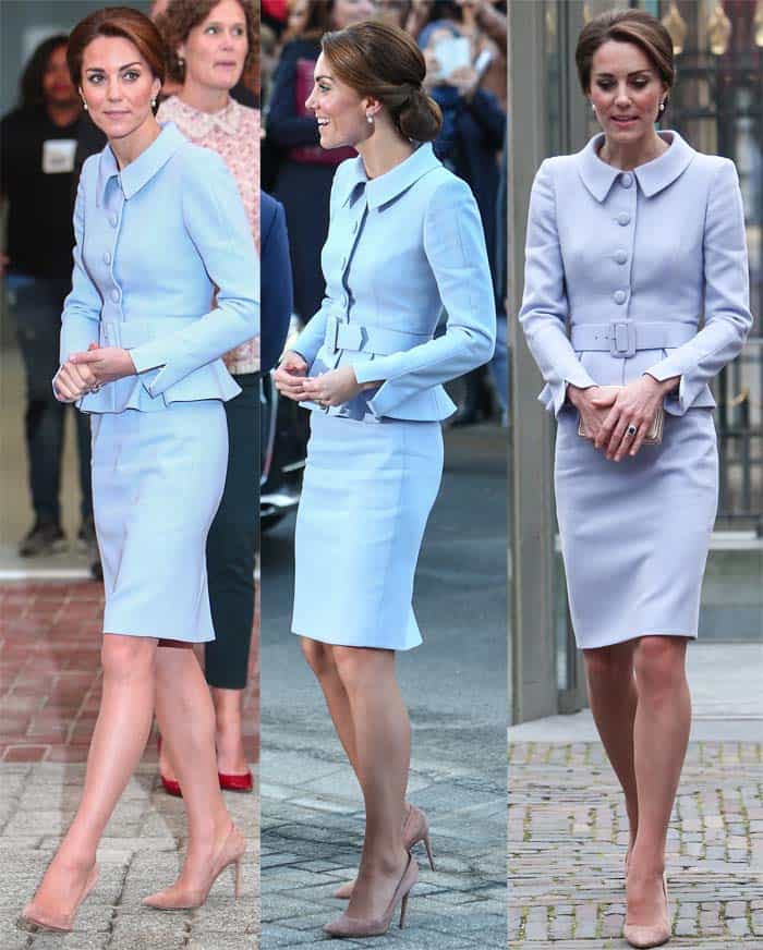 Kate Middleton flaunts her legs in a powder blue peplum suit by Catherine Walker