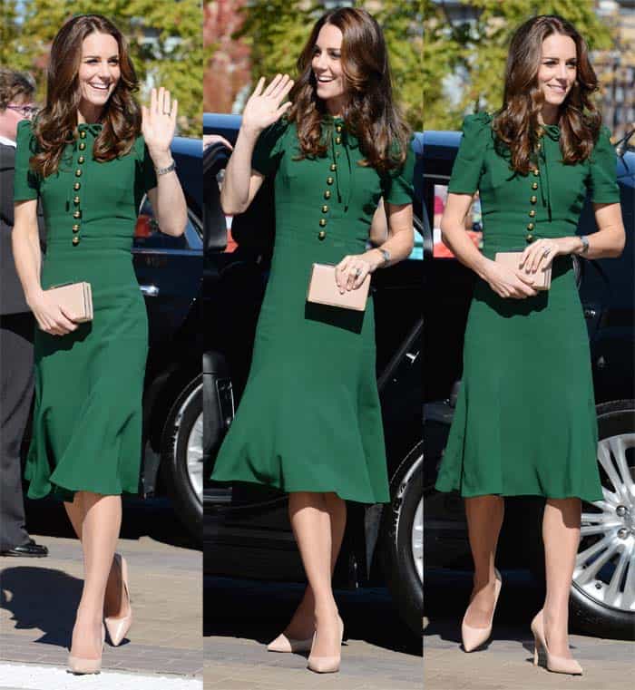 Kate Middleton in a Dolce Gabbana dress paired with L.K. Bennett "Fern" pumps to visit the University of British Columbia on September 27, 2016