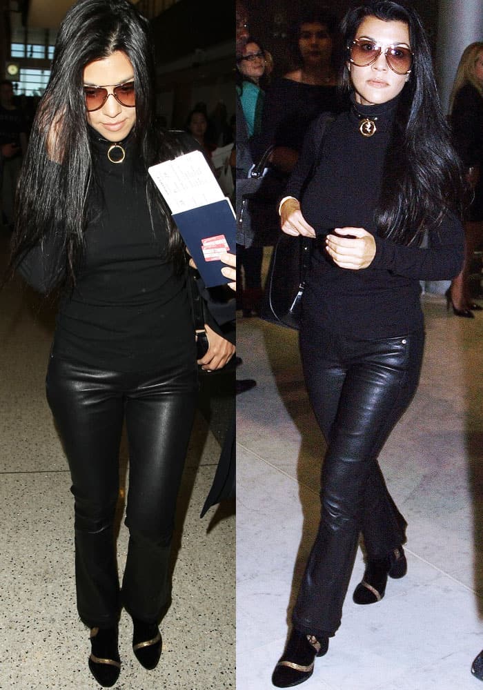 Kourtney Kardashian shows how to master airport chic by pairing a sleek black turtleneck with flared leather pants and statement velvet boots, blending sophistication with comfort