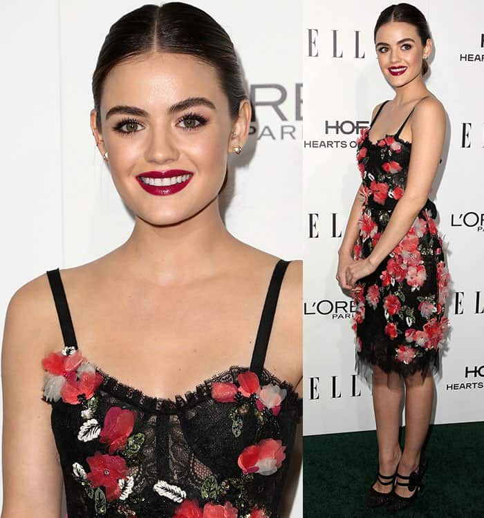 Lucy Hale brings a romantic edge to the red carpet in a floral-embroidered Marchesa dress, finishing the look with elegant black Mary Jane heels that add a classic, ladylike touch