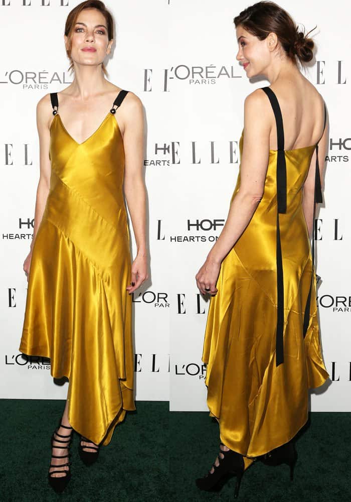 Michelle Monaghan stuns in a mustard Prabal Gurung dress, paired with strappy Stuart Weitzman "Hottamale" pumps, at the 2016 ELLE Women in Hollywood Awards
