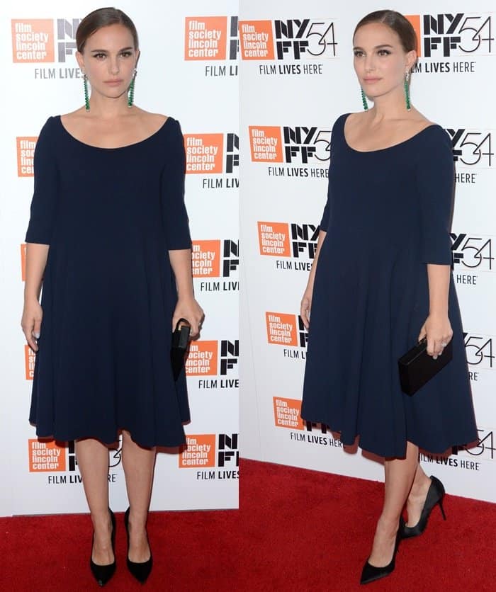Natalie Portman exudes understated elegance in a loose-fitting black Dior dress paired with emerald green drop earrings at the New York Film Festival