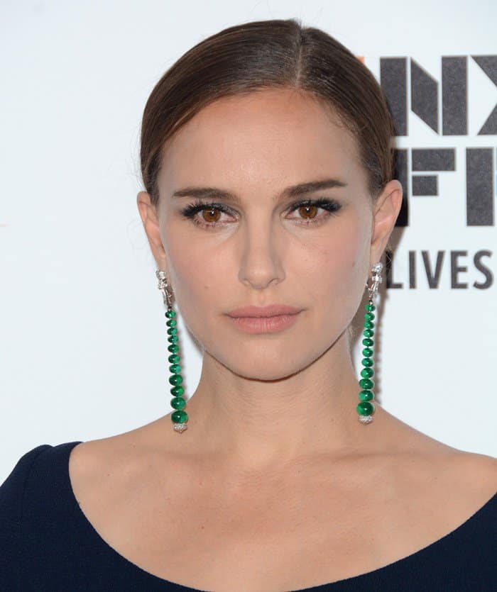 Natalie Portman complements her Dior dress with striking emerald drop earrings by Van Cleef  Arpels