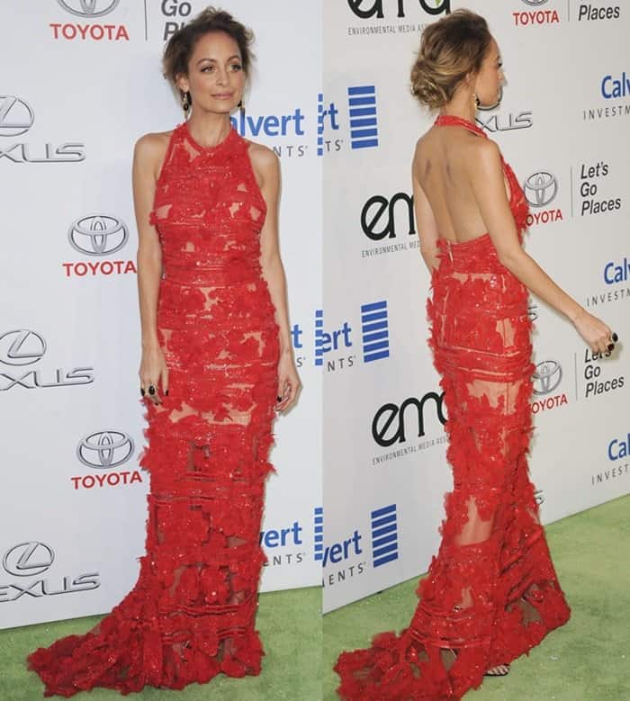 Nicole Richie turned heads in a red sheer Elie Saab halter gown featuring floral beading, sequin embellishments, nude underlining, and a short train that swept elegantly across the green carpet