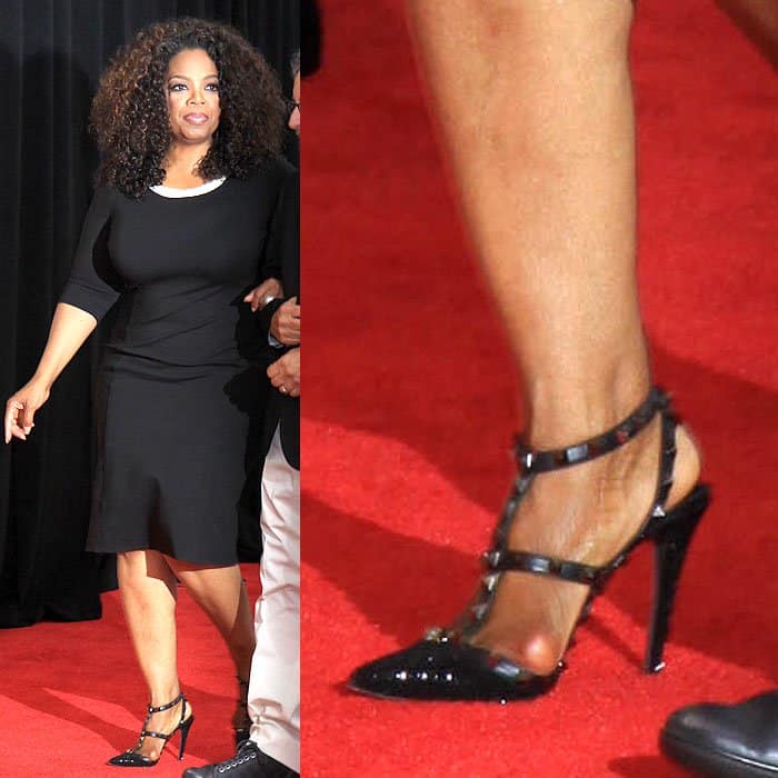 Oprah Winfrey with a painful-looking bunion showing through the straps of her Valentino "Rockstud" pumps