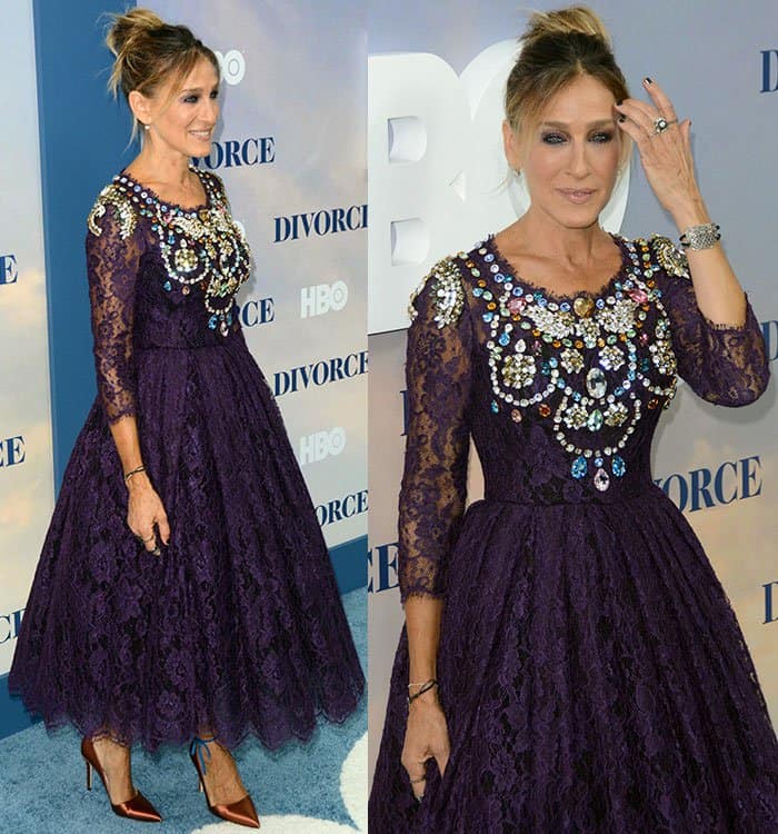 Sarah Jessica Parker wearing a crystal-embellished purple Dolce Gabbana lace dress at the Divorce premiere