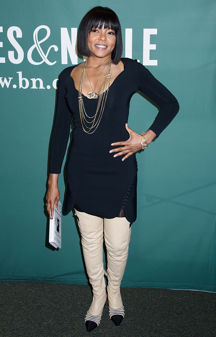 Taraji P. Henson paired a little black dress with unconventional thigh-high boots at Barnes Noble in New York City for a book signing event
