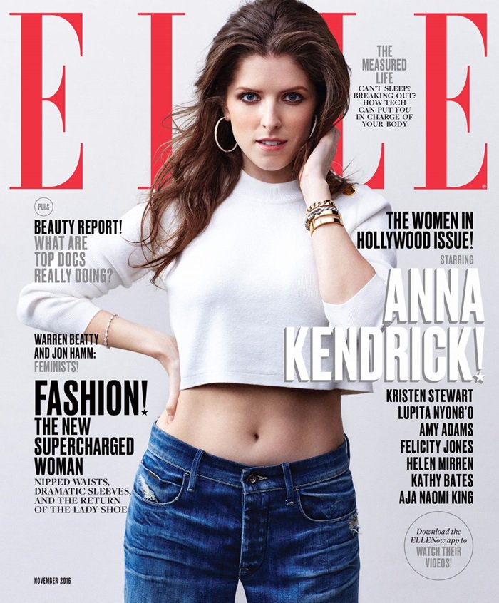 Anna Kendrick reveals her belly button in Elle Magazine