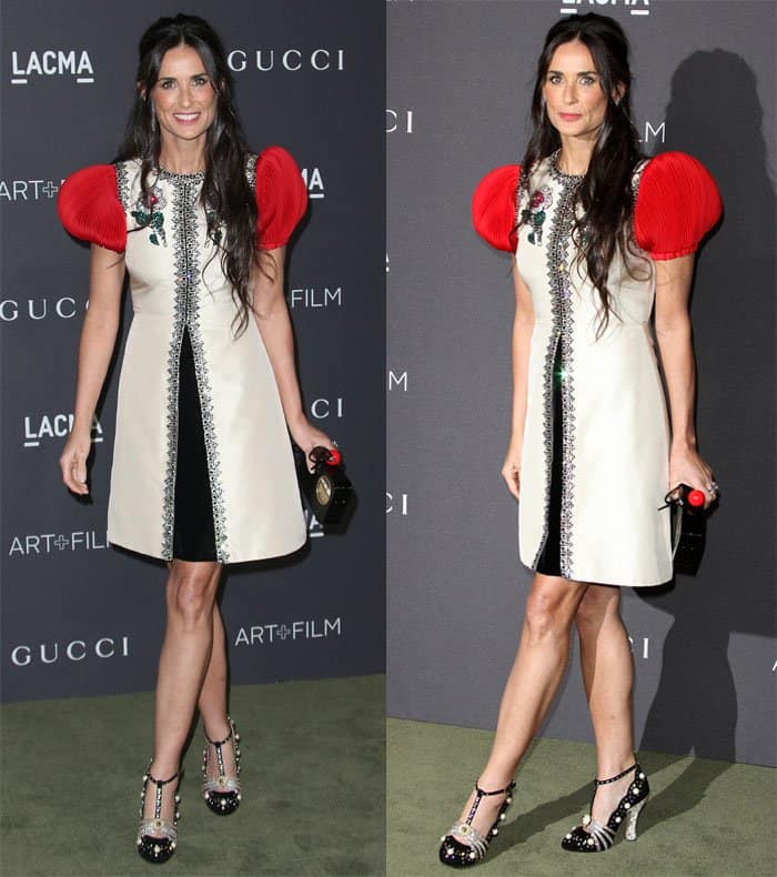 Demi Moore chose a Gucci cocktail dress featuring plissé sleeves at the 2016 LACMA Art + Film Gala