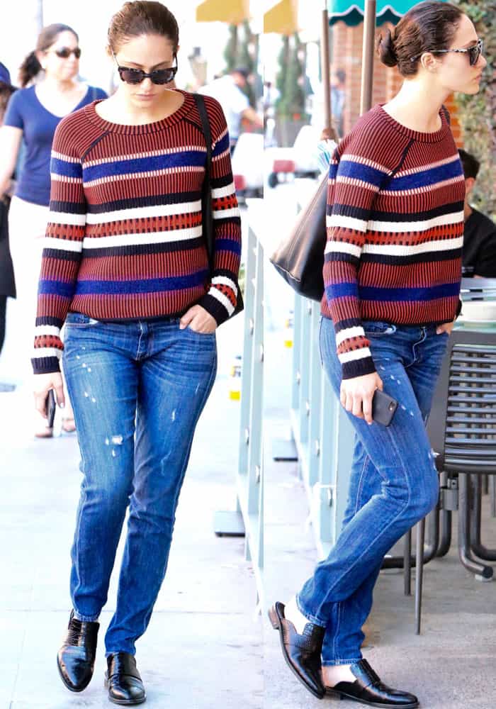 Emmy Rossum keeps it effortlessly stylish in a striped Tory Burch sweater, distressed jeans, and black Freda Salvador "Keen" mules while out for lunch in Beverly Hills