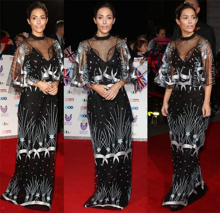Frankie Bridge turned heads at the 2016 Pride of Britain Awards in a black Isabel Sanchis gown featuring cape sleeves and silver embroidery