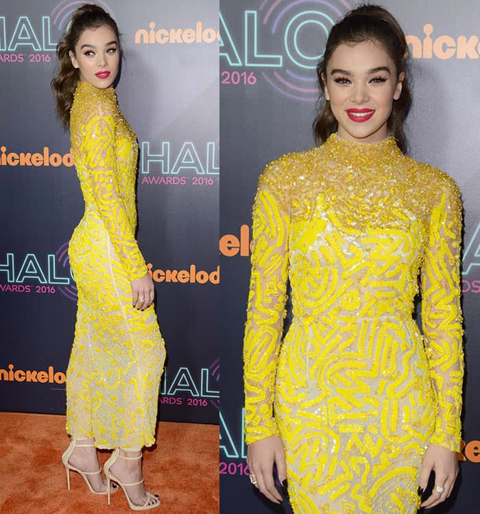 Hailee Steinfeld complemented her bright yellow J. Mendel dress with a high ponytail of soft, voluminous waves, a bold cat-eye liner, and a vibrant matte pink lipstick at the Nickelodeon Halo Awards 2016
