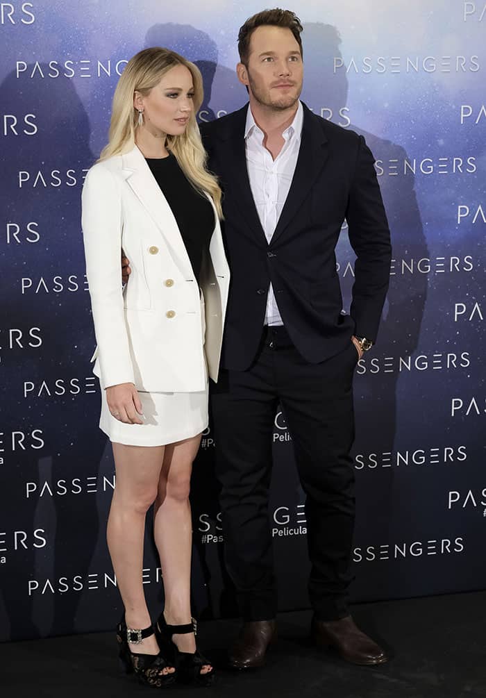 Jennifer Lawrence and Chris Pratt at the "Passengers" photo call at Hotel Villamagna in Madrid