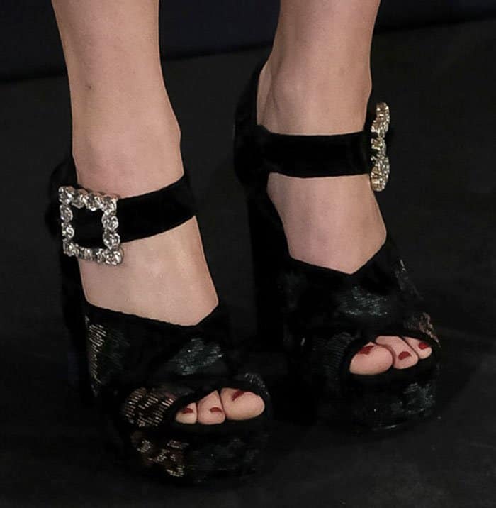 Jennifer Lawrence's Roger Vivier shoes feature crystal-embellished buckles and platform heels