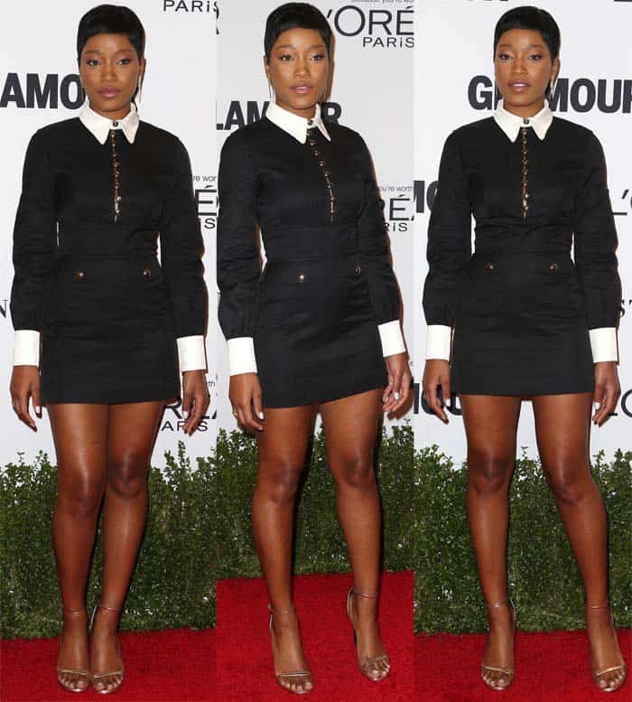 A three-panel view showcases the sharp lines and mod-inspired details of Keke Palmer’s black-and-white mini dress