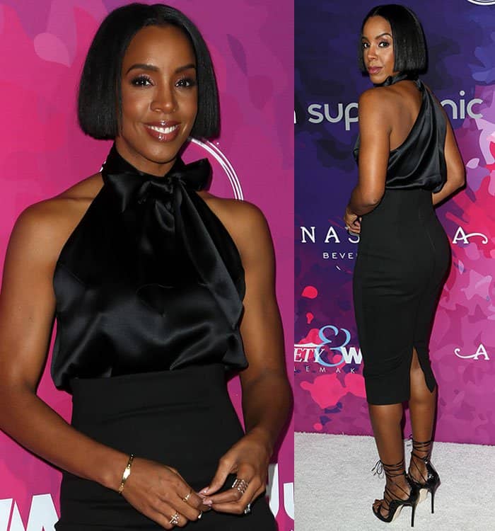 Kelly Rowland exudes sophistication in a sleek black satin halter-neck blouse paired with a fitted high-waisted pencil skirt