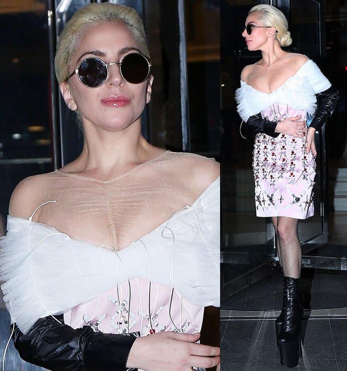 lady-gaga-off-shoulder-mesh-embellished-dress