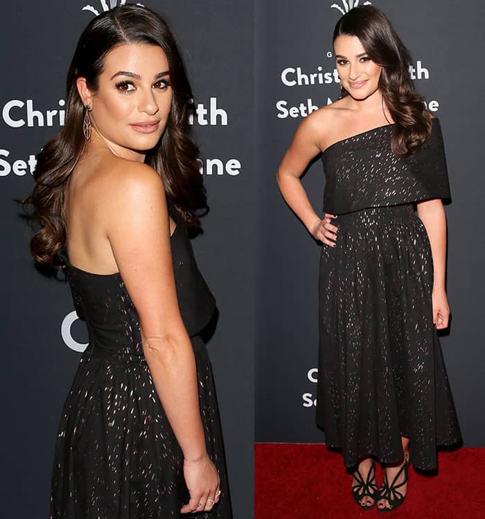Lea Michele styled her Lela Rose Resort 2017 dress with dangling gold earrings, minimal rings, and soft waves for an effortlessly elegant holiday look