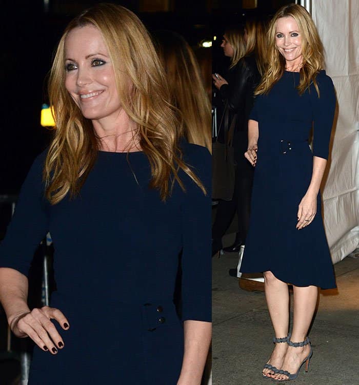 Leslie Mann opted for a navy Roland Mouret midi dress