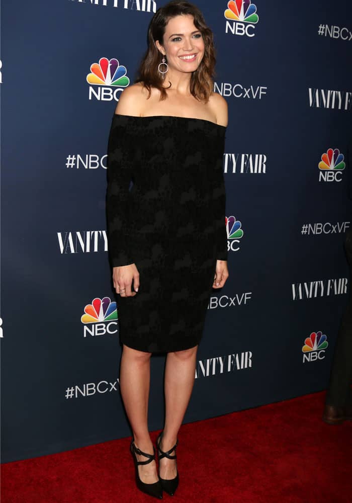 Mandy Moore radiates classic elegance in a black off-shoulder L’Agence “Daphine” lace dress and Casadei crisscross ankle-strap pumps at NBC and Vanity Fair’s “Toast to Fall 2016–2017 TV Season Celebration” in Los Angeles on November 3, 2016
