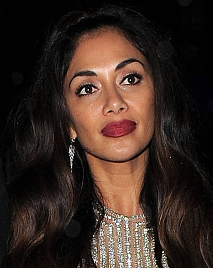 Nicole Scherzinger's long, dark locks in a half-up, half-down style