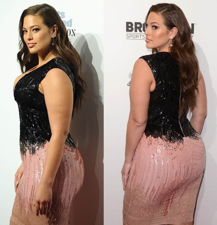 Ashley Graham dazzles in a stunning two-toned sequin dress featuring a black embellished bodice that flows into a blush pink skirt with intricate beading and fringe detailing