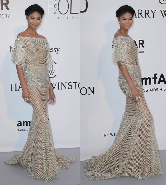 Chanel Iman exudes effortless elegance in a sheer, intricately embellished gown at the amfAR Gala, blending daring sophistication with ethereal grace