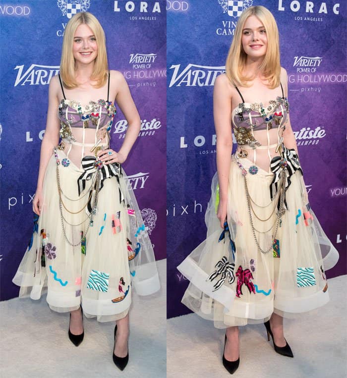 Elle Fanning embraces whimsical fashion in a quirky, embellished dress with playful appliqués, bringing a vibrant and youthful energy to Variety's Power of Young Hollywood event