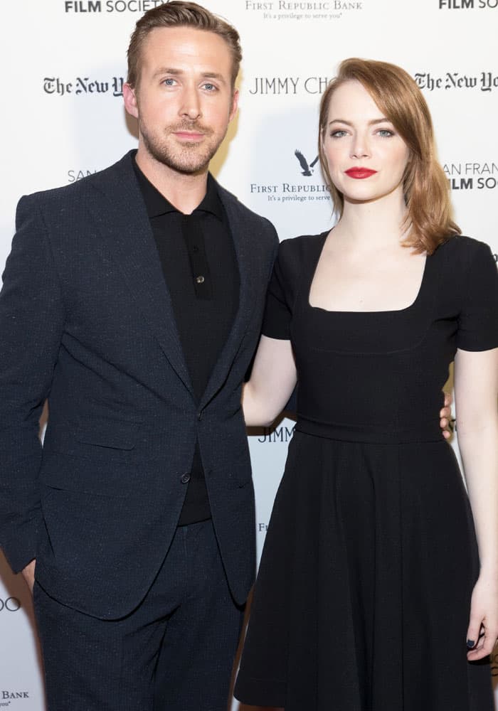 Emma Stone keeps it timeless in a black Preen fit-and-flare dress as she joins her La La Land co-star Ryan Gosling at the San Francisco Film Society event