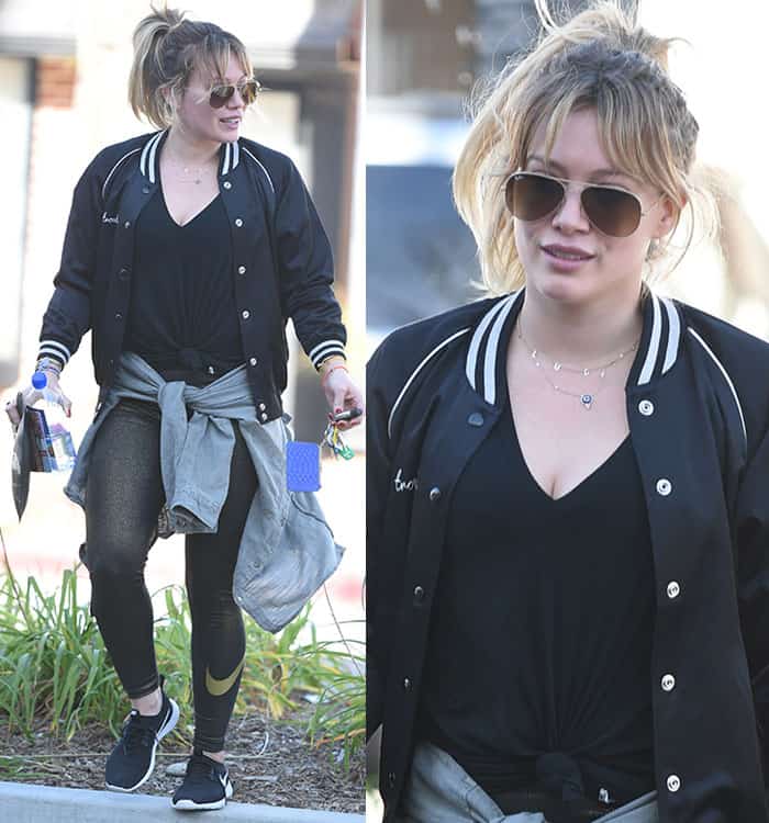 Hilary Duff is wearing her hair in a messy ponytail with loose strands framing her face in Beverly Hills