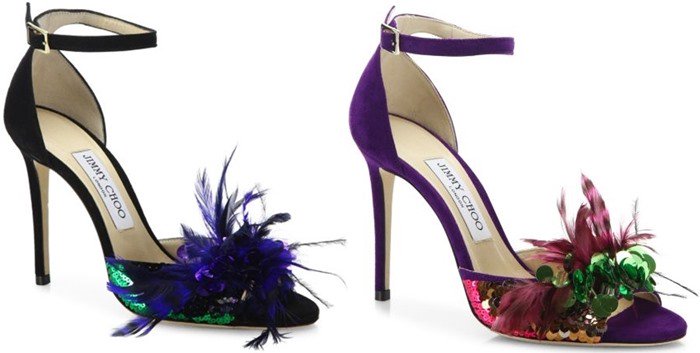 Jimmy Choo 'Annie' Sequin Feather-Embellished Suede Ankle-Strap Sandals