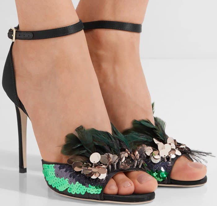 Jimmy Choo 'Annie' Sequin Feather-Embellished Suede Ankle-Strap Sandals