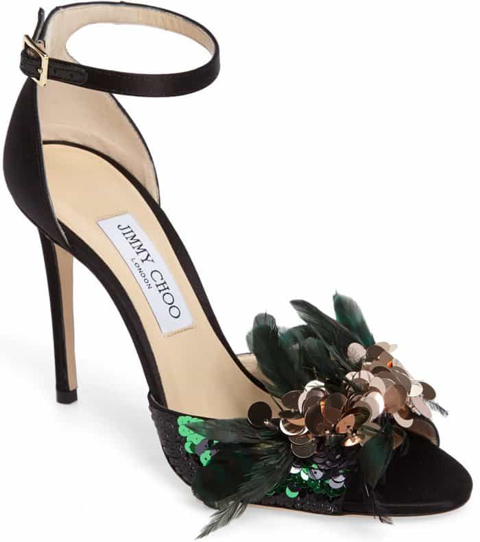 Jimmy Choo 'Annie' Sequin Feather-Embellished Suede Ankle-Strap Sandals