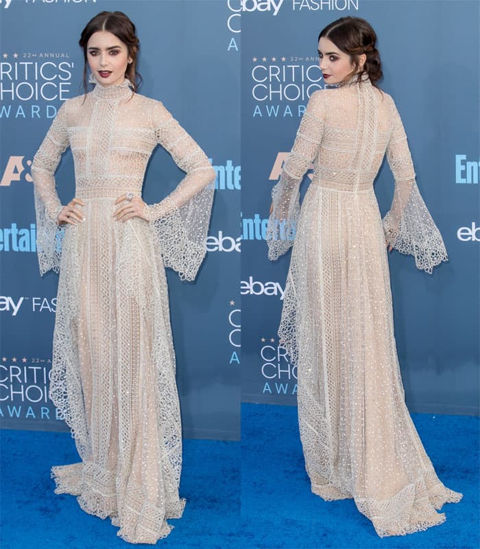 Lily Collins enchants at the Critics' Choice Awards in a delicate, lace Elie Saab gown, exuding vintage elegance with its high neckline, flared sleeves, and intricate detailing