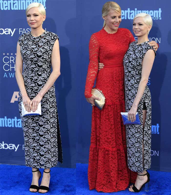 Michelle Williams and Busy Philipps light up the Critics' Choice Awards red carpet in contrasting looks, with Michelle in a sleek Louis Vuitton dress and Busy in a bold red lace Martha Medeiros gown