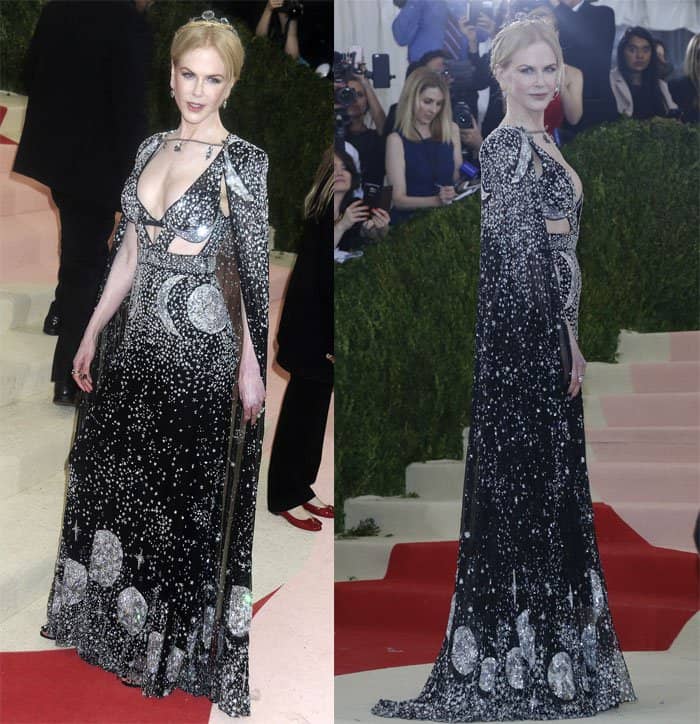 Nicole Kidman embodies celestial elegance in a stunning Alexander McQueen gown adorned with galaxy-inspired embellishments, making a dramatic statement at the MET Gala